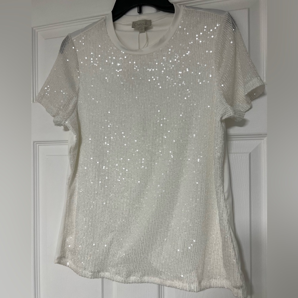 Chenault White Sequin Short Sleeve Top